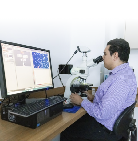 A healthcare professional analyzing samples under a microscope connected to a digital system for genomic research at the ABC Medical Center, as part of the application of precision oncology.