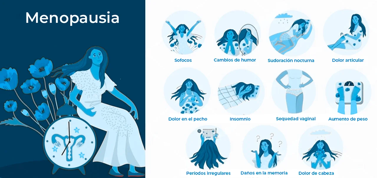Ilustración de una mujer acompañada de dibujos que representa en la menopausia los diferentes síntomas que se pueden desarrollar.